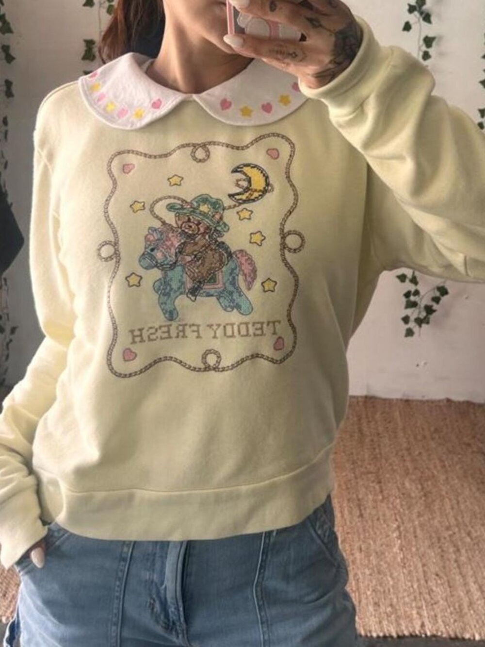 Teddy Fresh butter yellow collared sweatshirt with an embroidered graphic